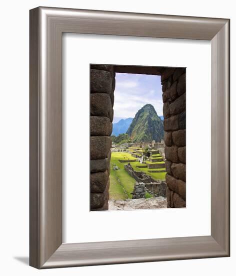 View Through Window of Ancient Lost City of Inca, Machu Picchu, Peru, South America with Llamas-Miva Stock-Framed Photographic Print