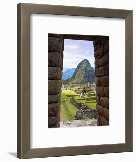 View Through Window of Ancient Lost City of Inca, Machu Picchu, Peru, South America with Llamas-Miva Stock-Framed Photographic Print