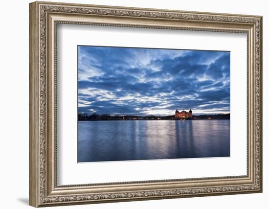 View to the illuminated castle Moritzburg, Saxony, in the early evening hours, blue hour with unusu-UtArt-Framed Photographic Print