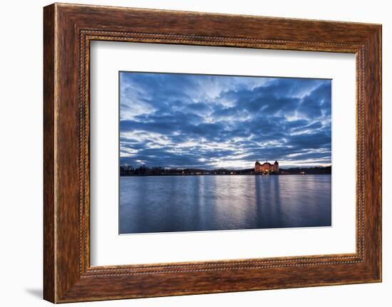 View to the illuminated castle Moritzburg, Saxony, in the early evening hours, blue hour with unusu-UtArt-Framed Photographic Print