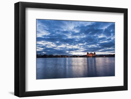 View to the illuminated castle Moritzburg, Saxony, in the early evening hours, blue hour with unusu-UtArt-Framed Photographic Print