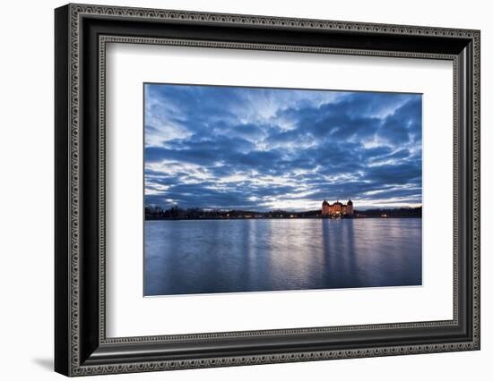 View to the illuminated castle Moritzburg, Saxony, in the early evening hours, blue hour with unusu-UtArt-Framed Photographic Print