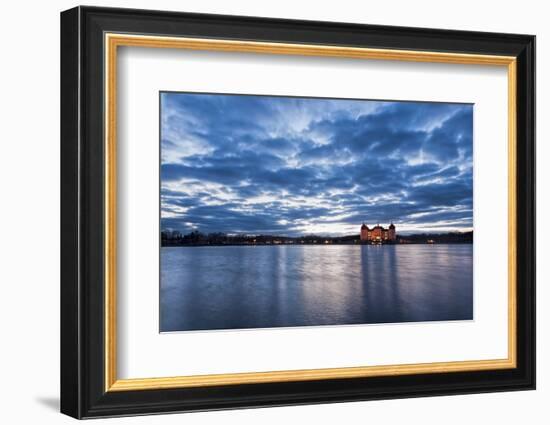 View to the illuminated castle Moritzburg, Saxony, in the early evening hours, blue hour with unusu-UtArt-Framed Photographic Print