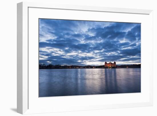 View to the illuminated castle Moritzburg, Saxony, in the early evening hours, blue hour with unusu-UtArt-Framed Photographic Print