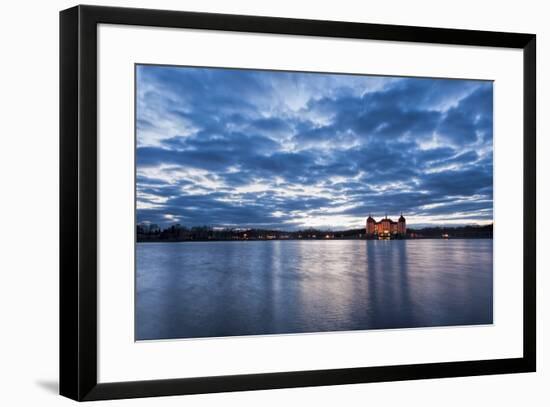 View to the illuminated castle Moritzburg, Saxony, in the early evening hours, blue hour with unusu-UtArt-Framed Photographic Print