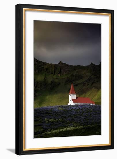 Vik Church and Lupine Flowers, South Region, Iceland, Polar Regions-Andrew Sproule-Framed Photographic Print