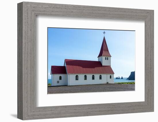 Vik, Church, in the Background the Rock Needles Reynisdrangar-Catharina Lux-Framed Photographic Print