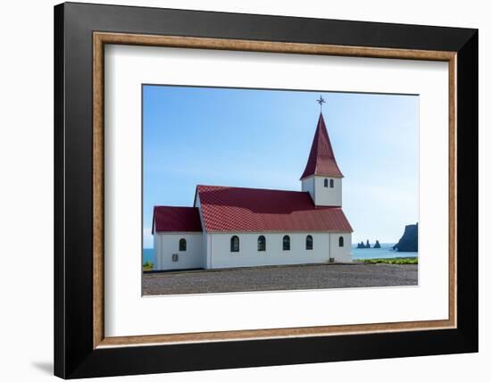 Vik, Church, in the Background the Rock Needles Reynisdrangar-Catharina Lux-Framed Photographic Print