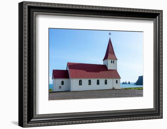 Vik, Church, in the Background the Rock Needles Reynisdrangar-Catharina Lux-Framed Photographic Print