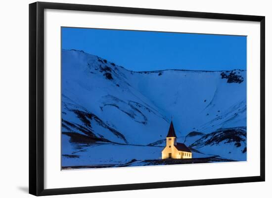 Vik I Myrda Church Lit Up at Dusk in Vik, Iceland-Chuck Haney-Framed Photographic Print