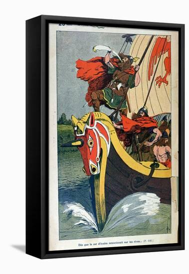 Viking Blowing the Horn on a Longship as it Approaches the Norse Coast-Louis Bombled-Framed Premier Image Canvas