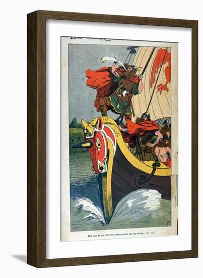 Viking Blowing the Horn on a Longship as it Approaches the Norse Coast-Louis Bombled-Framed Giclee Print