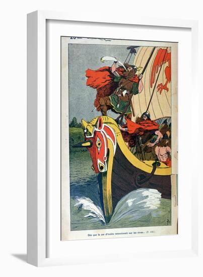 Viking Blowing the Horn on a Longship as it Approaches the Norse Coast-Louis Bombled-Framed Giclee Print