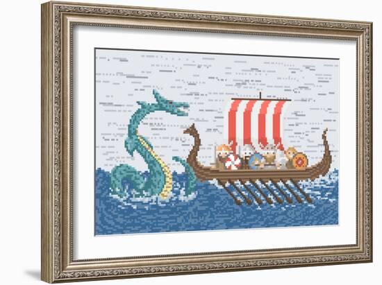 Vikings Battle with the Sea Dragon, Illustration in Pixel Art Style-wild wind-Framed Art Print