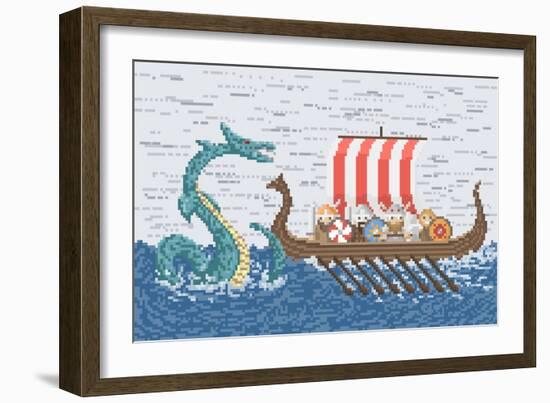 Vikings Battle with the Sea Dragon, Illustration in Pixel Art Style-wild wind-Framed Art Print