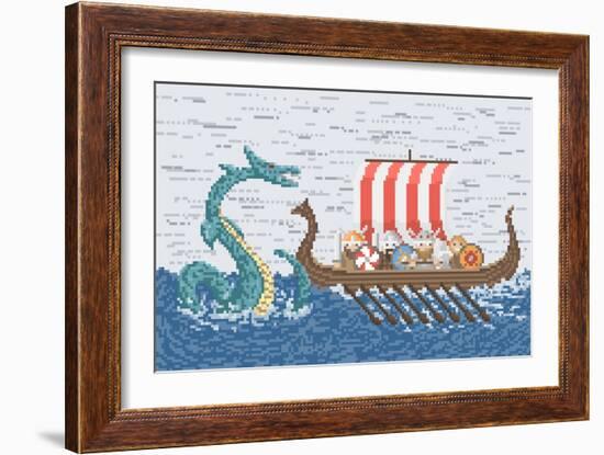 Vikings Battle with the Sea Dragon, Illustration in Pixel Art Style-wild wind-Framed Art Print