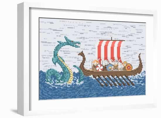 Vikings Battle with the Sea Dragon, Illustration in Pixel Art Style-wild wind-Framed Art Print