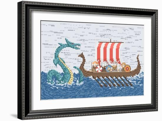 Vikings Battle with the Sea Dragon, Illustration in Pixel Art Style-wild wind-Framed Art Print