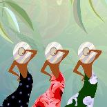 Abstract Pattern of Women in Dresses Color ( Rose, Lilac, Green) and Striped Hats on a Floral Backg-Viktoriya Panasenko-Mounted Art Print