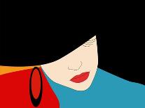 Abstract Sketch of a Woman in Navy  Blue,  Floral Dress and  Red Hat in Form Poppy, Color Fashion P-Viktoriya Panasenko-Art Print