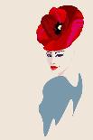 Abstract Sketch of a Woman in Navy  Blue,  Floral Dress and  Red Hat in Form Poppy, Color Fashion P-Viktoriya Panasenko-Art Print