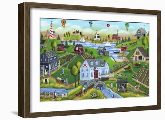 Village By The Sea with Hot Air Ballons-Cheryl Bartley-Framed Giclee Print