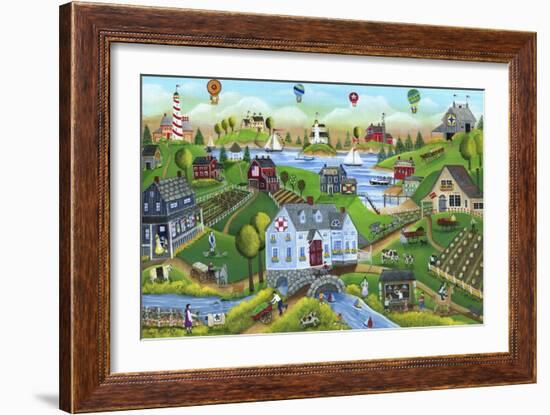 Village By The Sea with Hot Air Ballons-Cheryl Bartley-Framed Giclee Print