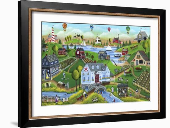 Village By The Sea with Hot Air Ballons-Cheryl Bartley-Framed Giclee Print