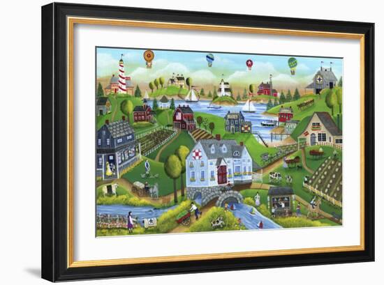 Village By The Sea with Hot Air Ballons-Cheryl Bartley-Framed Giclee Print