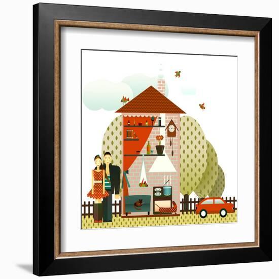 Village Cottage with Young Couple. Vector Eps8 Illustration.-Popmarleo-Framed Art Print