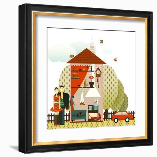 Village Cottage with Young Couple. Vector Eps8 Illustration.-Popmarleo-Framed Art Print