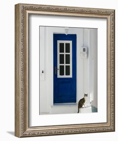 Village Door with Cat, Kokkari, Samos, Aegean Islands, Greece-Walter Bibikow-Framed Photographic Print