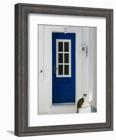 Village Door with Cat, Kokkari, Samos, Aegean Islands, Greece-Walter Bibikow-Framed Photographic Print