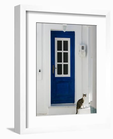 Village Door with Cat, Kokkari, Samos, Aegean Islands, Greece-Walter Bibikow-Framed Photographic Print