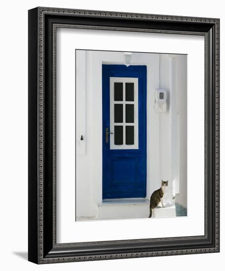 Village Door with Cat, Kokkari, Samos, Aegean Islands, Greece-Walter Bibikow-Framed Photographic Print