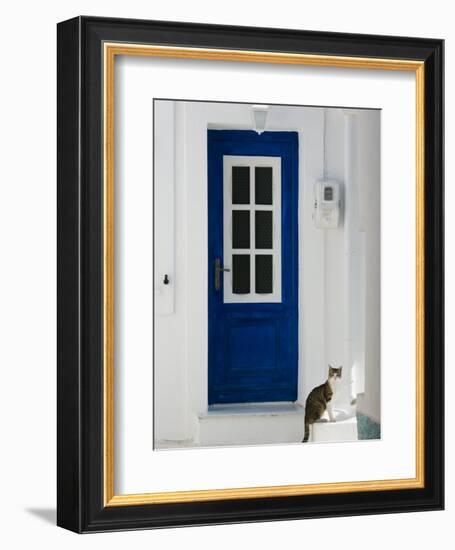 Village Door with Cat, Kokkari, Samos, Aegean Islands, Greece-Walter Bibikow-Framed Photographic Print