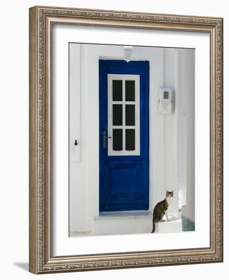 Village Door with Cat, Kokkari, Samos, Aegean Islands, Greece-Walter Bibikow-Framed Photographic Print