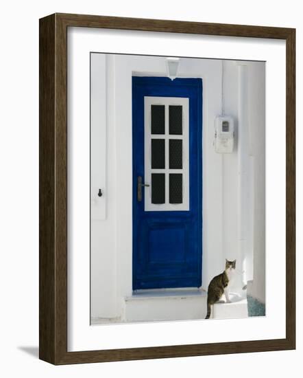 Village Door with Cat, Kokkari, Samos, Aegean Islands, Greece-Walter Bibikow-Framed Photographic Print