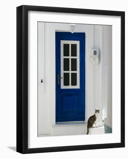 Village Door with Cat, Kokkari, Samos, Aegean Islands, Greece-Walter Bibikow-Framed Photographic Print