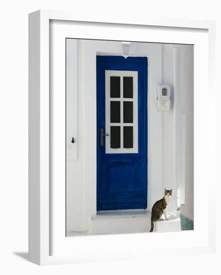 Village Door with Cat, Kokkari, Samos, Aegean Islands, Greece-Walter Bibikow-Framed Photographic Print