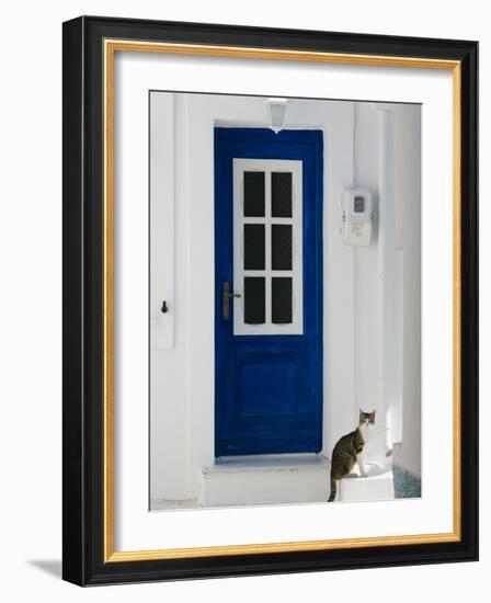 Village Door with Cat, Kokkari, Samos, Aegean Islands, Greece-Walter Bibikow-Framed Photographic Print