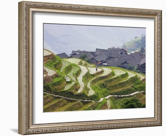 Village Houses with Rice Terraces in the Mountain, Longsheng, Guangxi, China-Keren Su-Framed Photographic Print