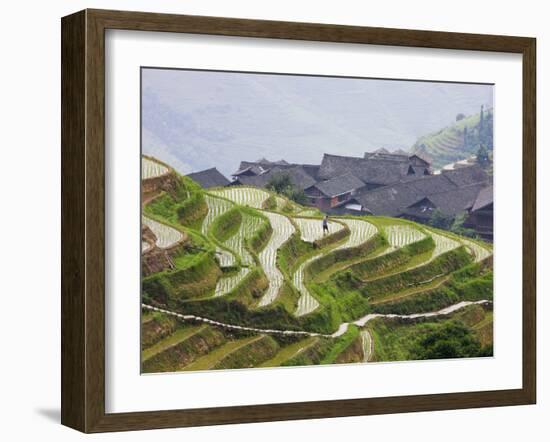 Village Houses with Rice Terraces in the Mountain, Longsheng, Guangxi, China-Keren Su-Framed Photographic Print