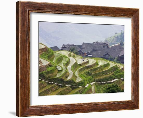 Village Houses with Rice Terraces in the Mountain, Longsheng, Guangxi, China-Keren Su-Framed Photographic Print