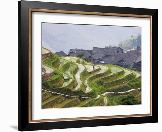 Village Houses with Rice Terraces in the Mountain, Longsheng, Guangxi, China-Keren Su-Framed Photographic Print