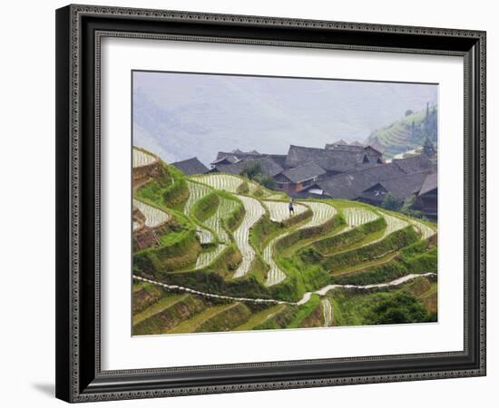 Village Houses with Rice Terraces in the Mountain, Longsheng, Guangxi, China-Keren Su-Framed Photographic Print