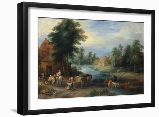 Village Landscape with Farmers unloading their Produce, with Cattle drinking from a Stream-Theobald Michau-Framed Giclee Print