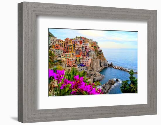 Village of Manarola, on the Cinque Terre Coast of Italy with Flowers-Jenifoto-Framed Photographic Print