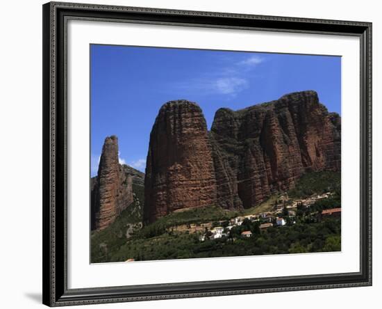 Village of Riglos Below Huge Conglomerate Towers Above the Plains, Northern Aragon, Spain-David Pickford-Framed Photographic Print