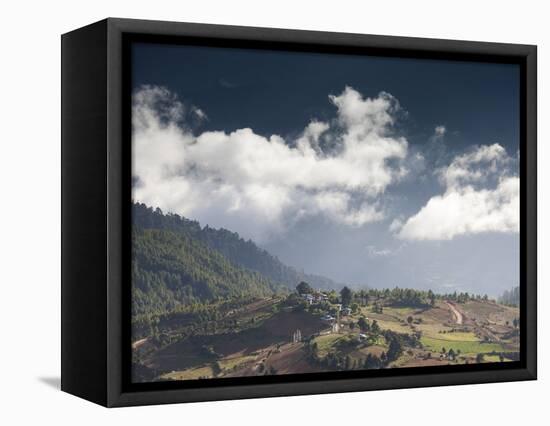 Village of Shingyer Against a Dramatic Backdrop of Mountains and Clouds, Phobjikha Valley, Bhutan, -Lee Frost-Framed Premier Image Canvas